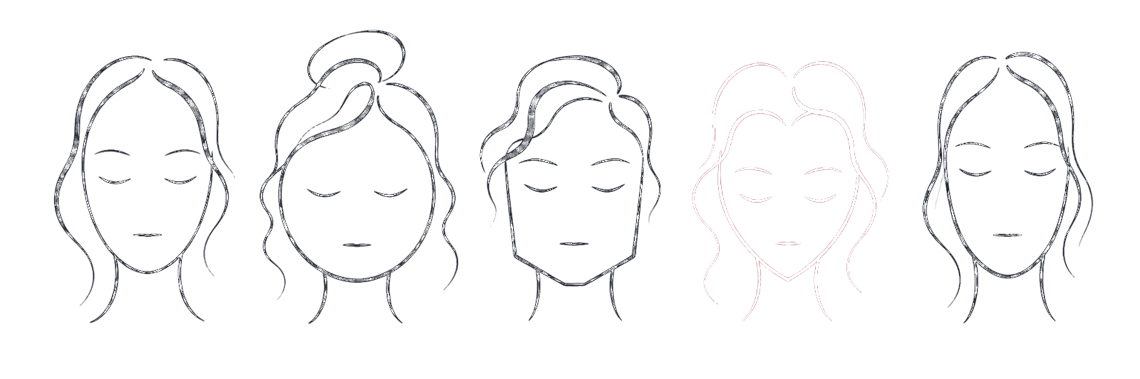 Fünf weibliche Gesichter als Linienzeichnung mit unterschiedlichen Gesichtsformen: oval, rund, eckig, herzförmig und länglich