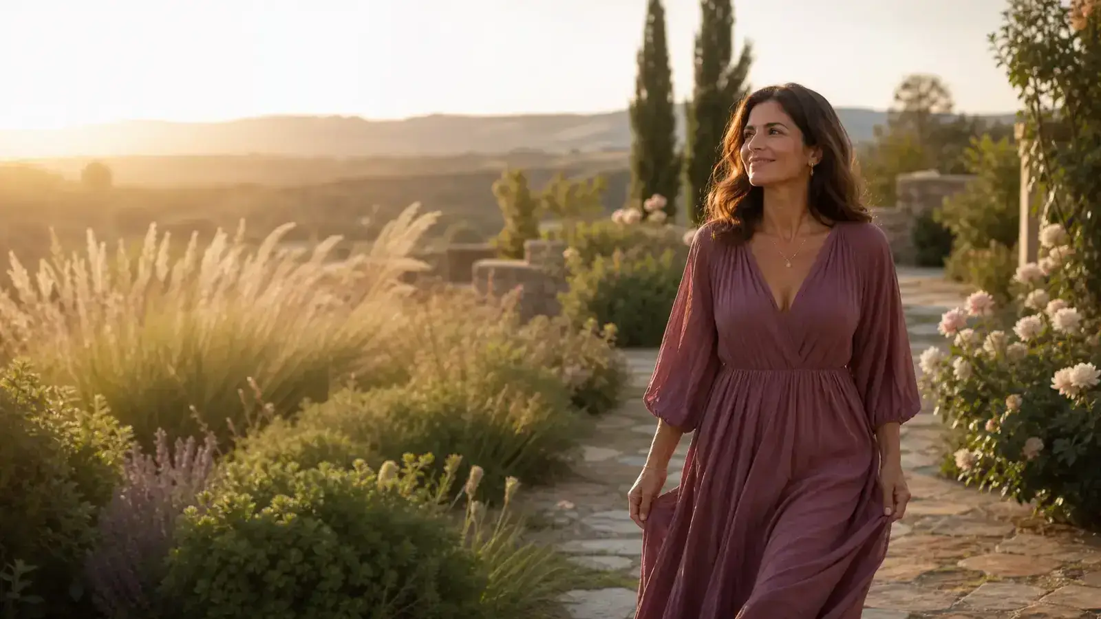 Frau geht barfuß durch einen sonnigen Garten, Sinnbild für die zehnwöchige Love-Codes-Reise
